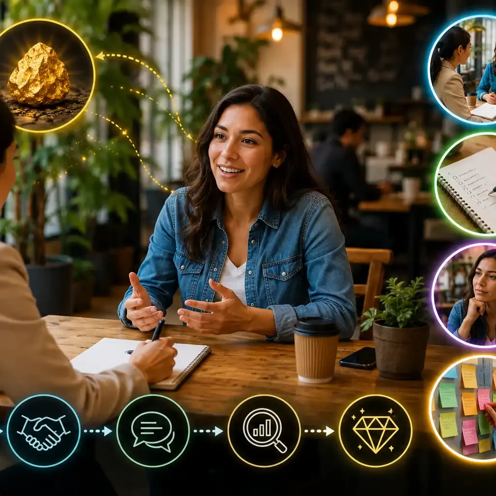 "Customer interview session with researchers asking questions and capturing insights to uncover valuable customer needs, behaviors, and opportunities for business growth."