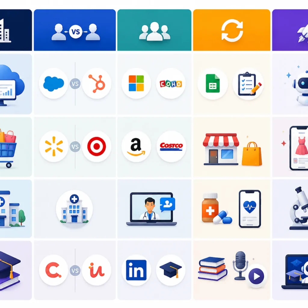 Competitor research infographic illustrating direct competitors, indirect competitors, replacement competitors, and emerging competitors across multiple industries.