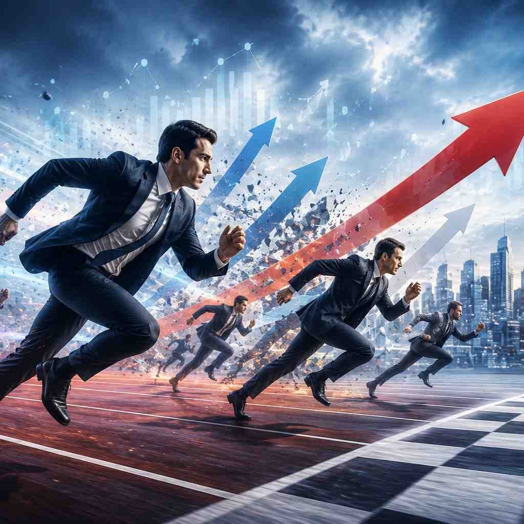 "Intensifying competition illustration showing businesses racing to gain market share through innovation, competitive strategy, and business growth."