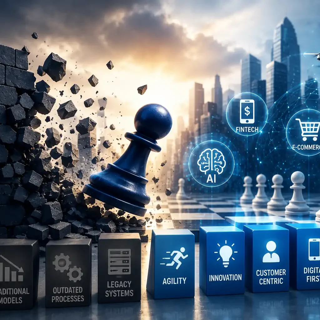 Market disruption as normal illustration showing traditional business models being replaced by digital innovation, AI, cloud technology, and agile business strategies.