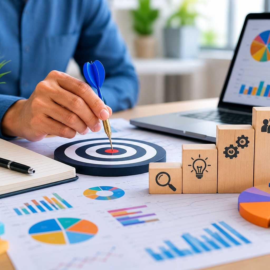 "Business professional reviewing charts, target metrics, and market data to apply market sizing analysis best practices for accurate TAM, SAM, and SOM estimation."