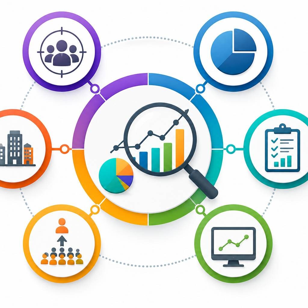 "Market Sizing Analysis methods infographic illustrating market research, customer segmentation, data analysis, market forecasting, business planning, and growth estimation using interconnected business icons."