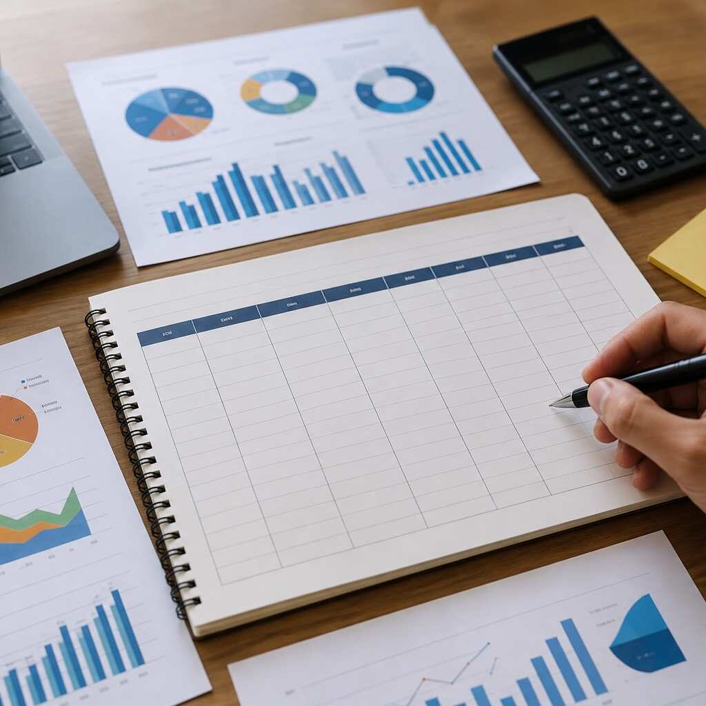 "Professional market sizing analysis template with charts, graphs, and a structured worksheet for estimating market potential, TAM, SAM, and SOM in a business planning workspace."