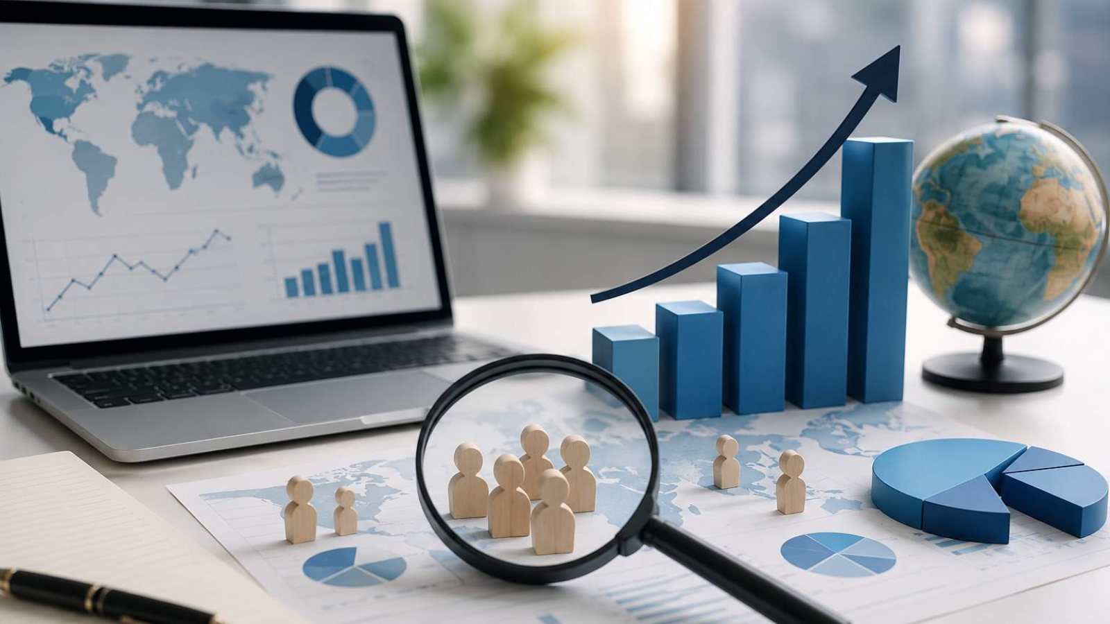 "Market Sizing Analysis illustrating business market potential estimation using charts, customer segmentation, financial data, and global market growth visualization."