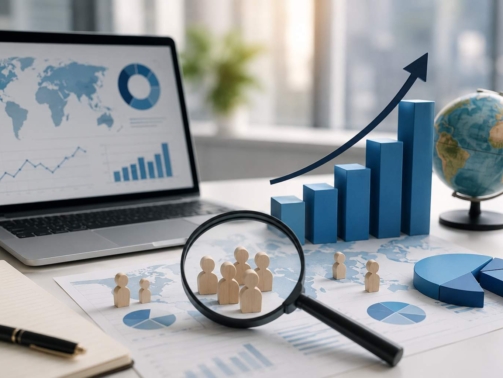 "Market Sizing Analysis illustrating business market potential estimation using charts, customer segmentation, financial data, and global market growth visualization."