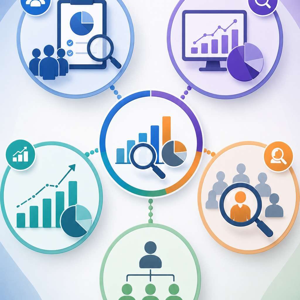 "Market Sizing Analysis infographic illustrating the differences between market research, market analysis, demand forecasting, competitive analysis, and customer research using business icons and data visuals."