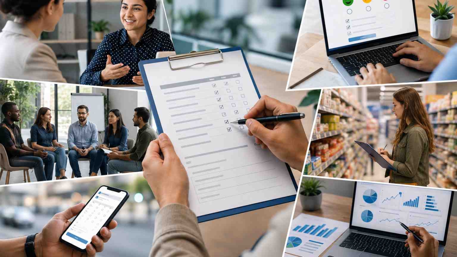 "Primary market research illustration showing customer interviews, surveys, focus groups, field observations, and data analysis to collect actionable customer insights."