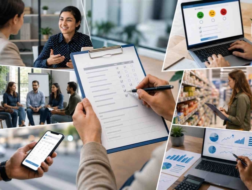 "Primary market research illustration showing customer interviews, surveys, focus groups, field observations, and data analysis to collect actionable customer insights."