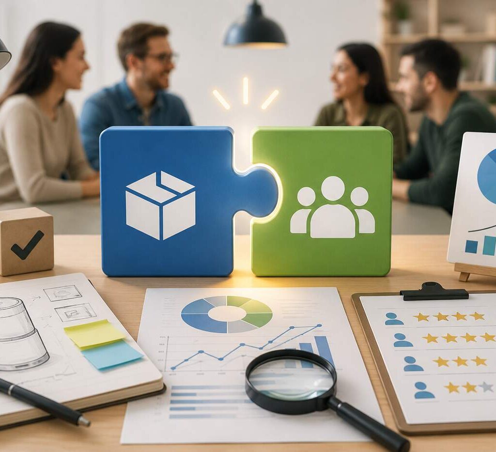 "Conceptual image of product-market fit research with customer feedback, market analysis charts, and product development collaboration."
