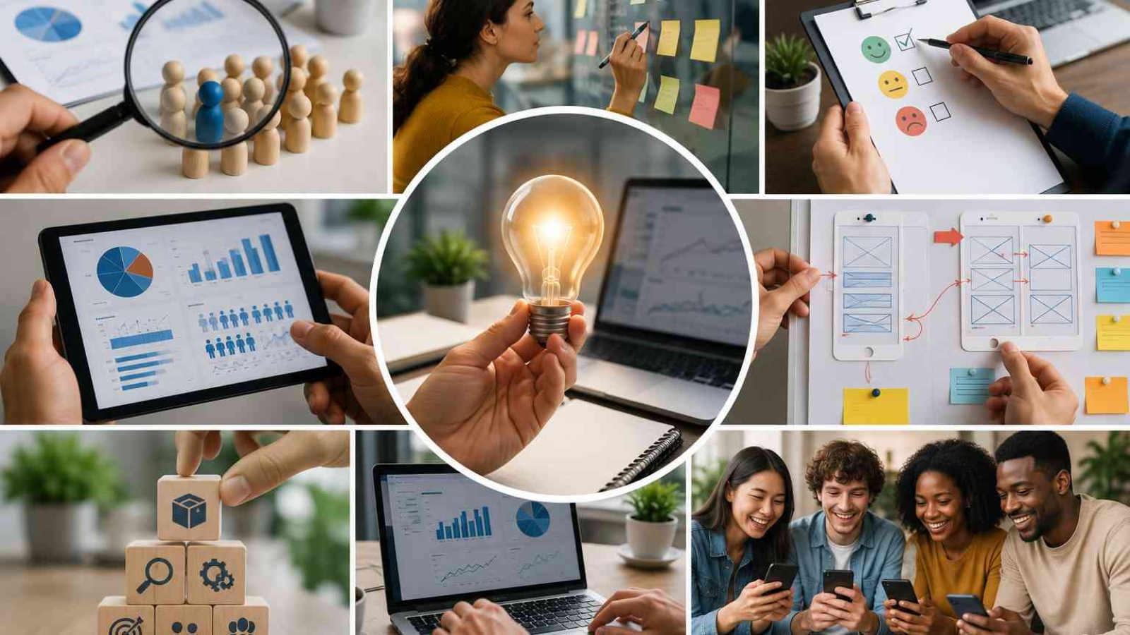 Collage illustrating the product-market fit research process, including customer research, market validation, user feedback, product testing, demand analysis, and iterative product improvement to build products customers value.
