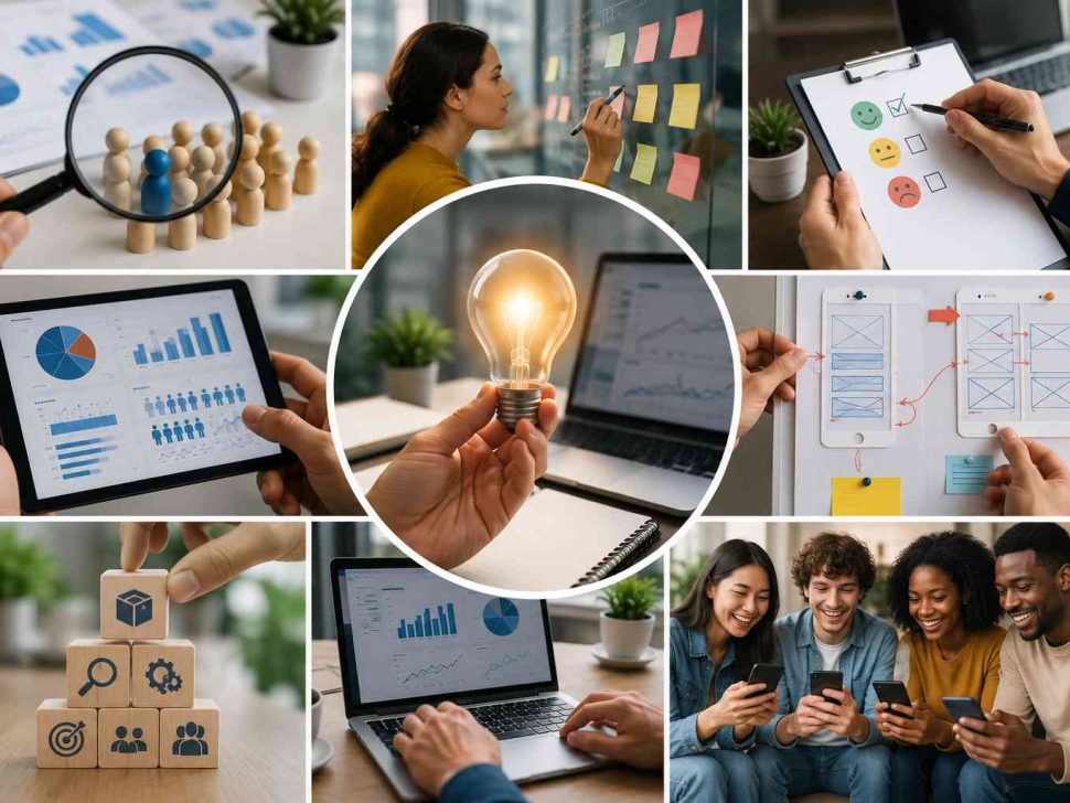 Collage illustrating the product-market fit research process, including customer research, market validation, user feedback, product testing, demand analysis, and iterative product improvement to build products customers value.