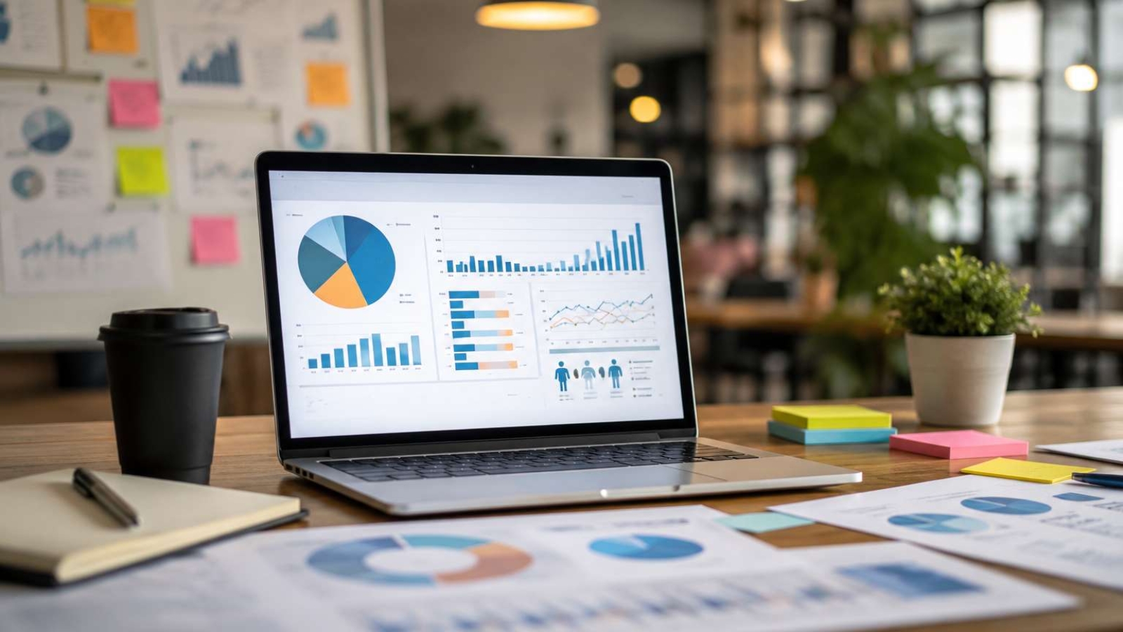 Product marketing case studies illustrated through business analytics dashboards, market research reports, performance charts, and strategic planning workspace in a modern office.