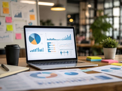 Product marketing case studies illustrated through business analytics dashboards, market research reports, performance charts, and strategic planning workspace in a modern office.