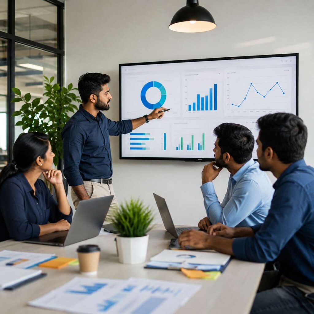 Product marketing team reviewing KPI dashboard and campaign performance metrics during a strategic planning meeting in a modern office.