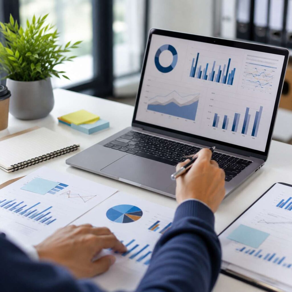 Product marketing professional analyzing KPI dashboards, business performance metrics, sales trends, and marketing analytics on a laptop in a modern office workspace.