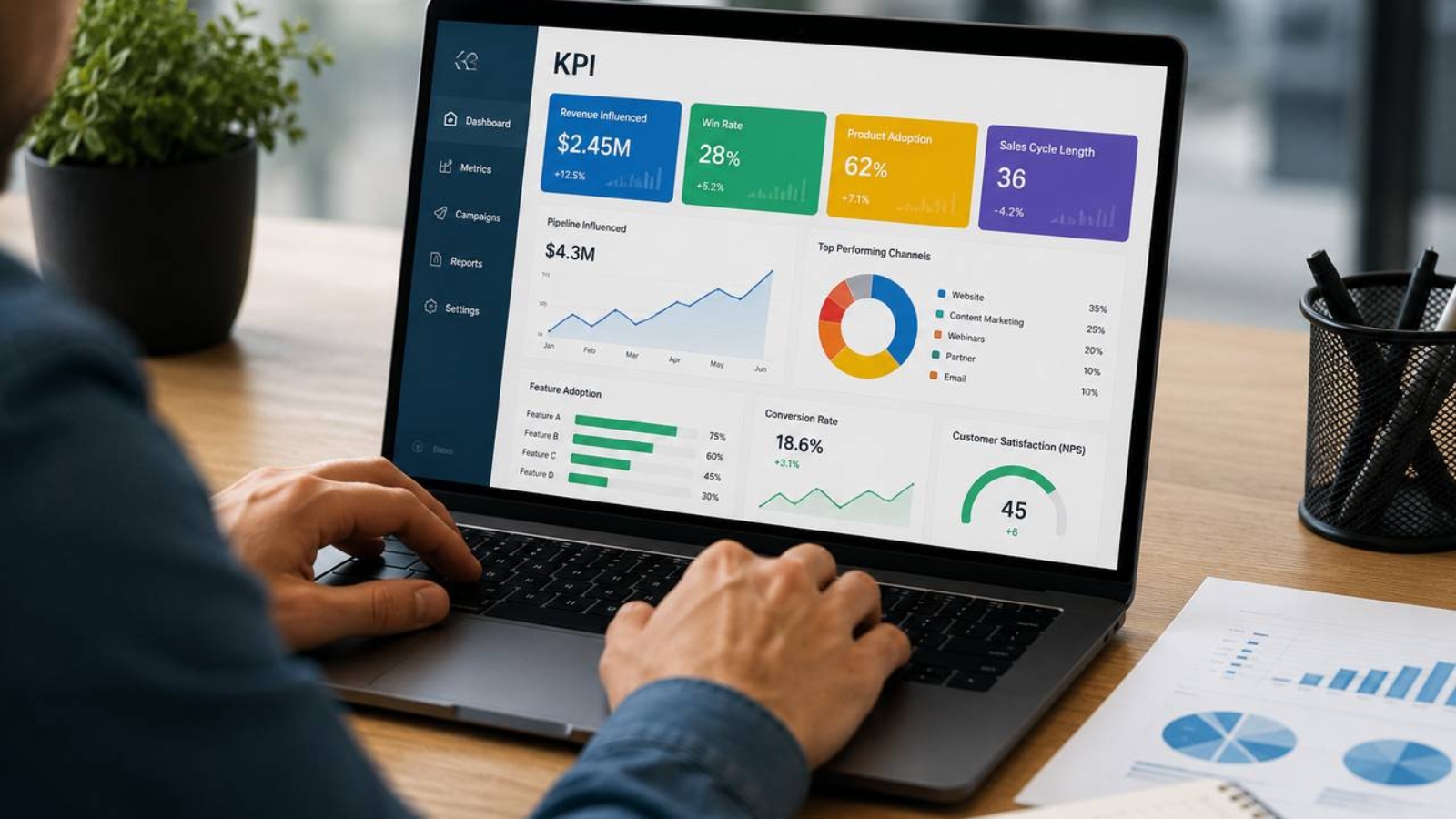 Professional analyzing Product Marketing KPIs on a business dashboard to measure product performance, customer adoption, sales metrics, and marketing ROI.