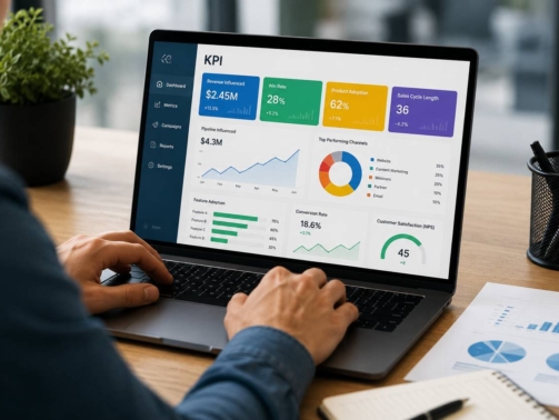 Professional analyzing Product Marketing KPIs on a business dashboard to measure product performance, customer adoption, sales metrics, and marketing ROI.