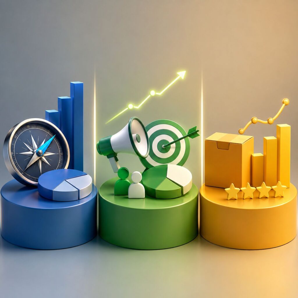 3D illustration comparing product marketing KPIs, marketing KPIs, and product metrics using analytics charts, target icons, growth graphs, and performance visualization without text