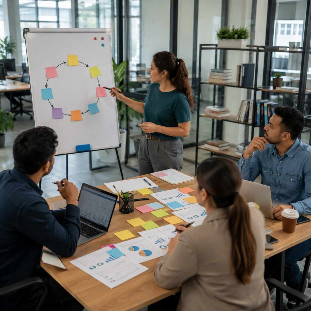 Product marketing team collaborating on strategy, planning, product launch, and performance analysis during the complete product marketing lifecycle in a modern office.