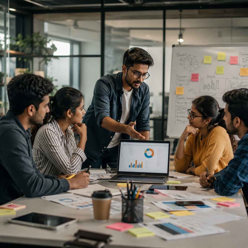 A diverse startup team collaborating in a modern office during a product marketing strategy meeting, reviewing analytics, brainstorming ideas, and planning a product launch with laptops, charts, and sticky notes on the table.