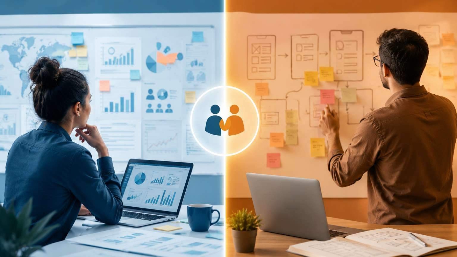 **SEO-Optimized Alt Text:** **Product Marketing vs Product Management comparison showing market strategy, analytics, product planning, and cross-functional collaboration in a modern business workspace.**