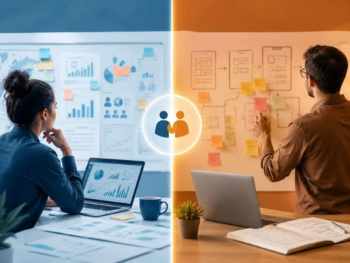 **SEO-Optimized Alt Text:** **Product Marketing vs Product Management comparison showing market strategy, analytics, product planning, and cross-functional collaboration in a modern business workspace.**