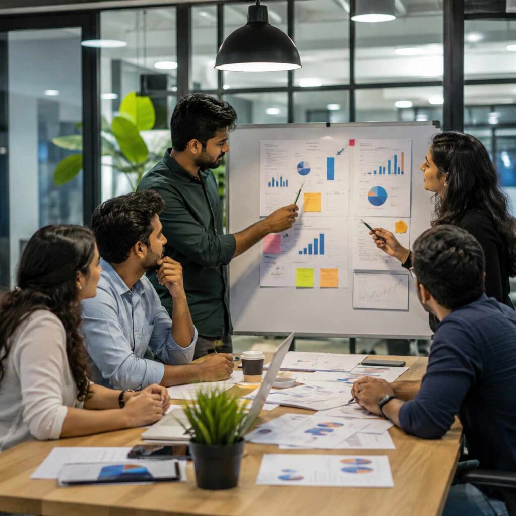 A startup team collaborates in a modern office during a product marketing strategy meeting, reviewing charts and market insights to plan business growth and product success.