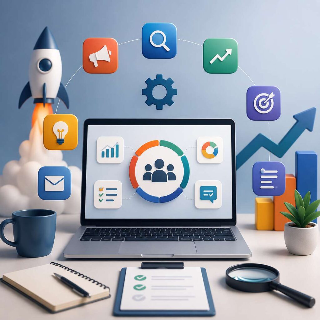 Modern 3D illustration of a laptop surrounded by product marketing tools, analytics, search, growth, collaboration, and launch strategy icons.