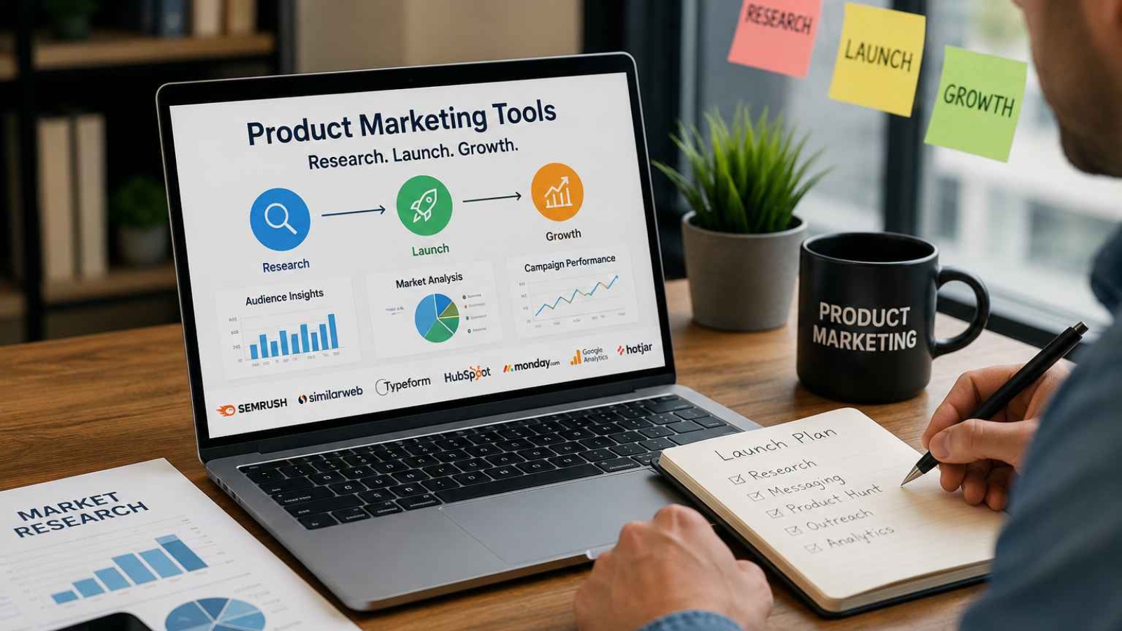 Professional workspace featuring a laptop displaying product marketing tools for market research, product launch, campaign analytics, and business growth.