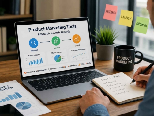 Professional workspace featuring a laptop displaying product marketing tools for market research, product launch, campaign analytics, and business growth.
