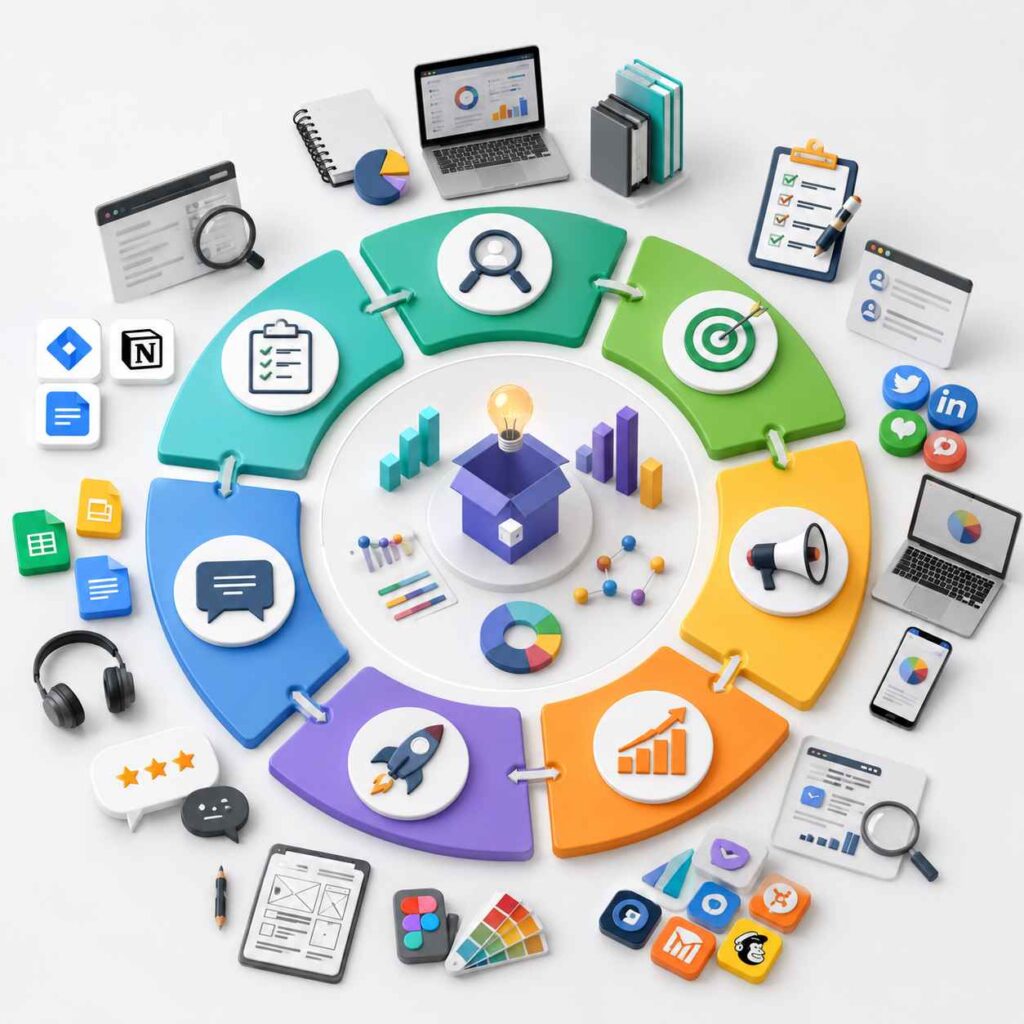 Illustration of a product marketing workflow showing a circular process with strategy, research, planning, collaboration, product launch, analytics, and marketing tools surrounding a central product concept.