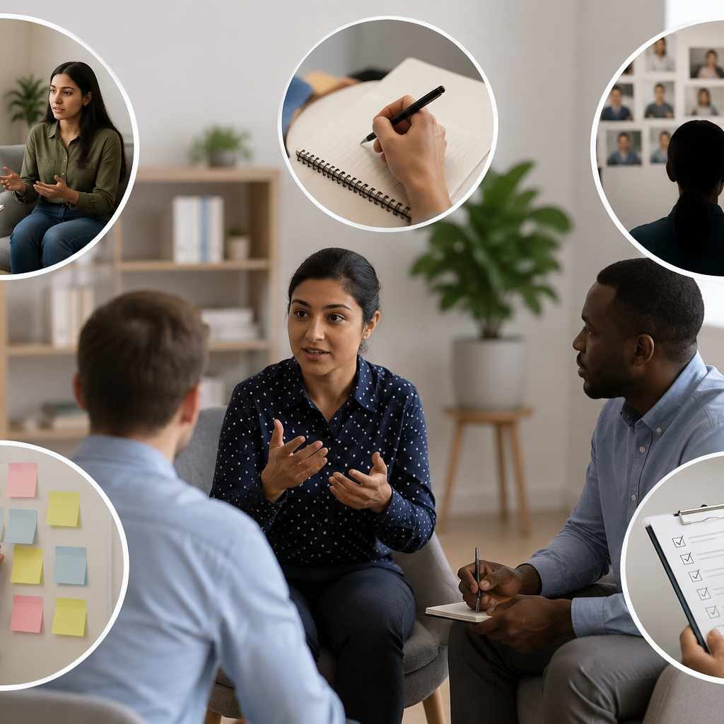 "Qualitative research methodologies illustration showing focus group discussions, interviews, note-taking, surveys, and collaborative data analysis in a modern research setting."