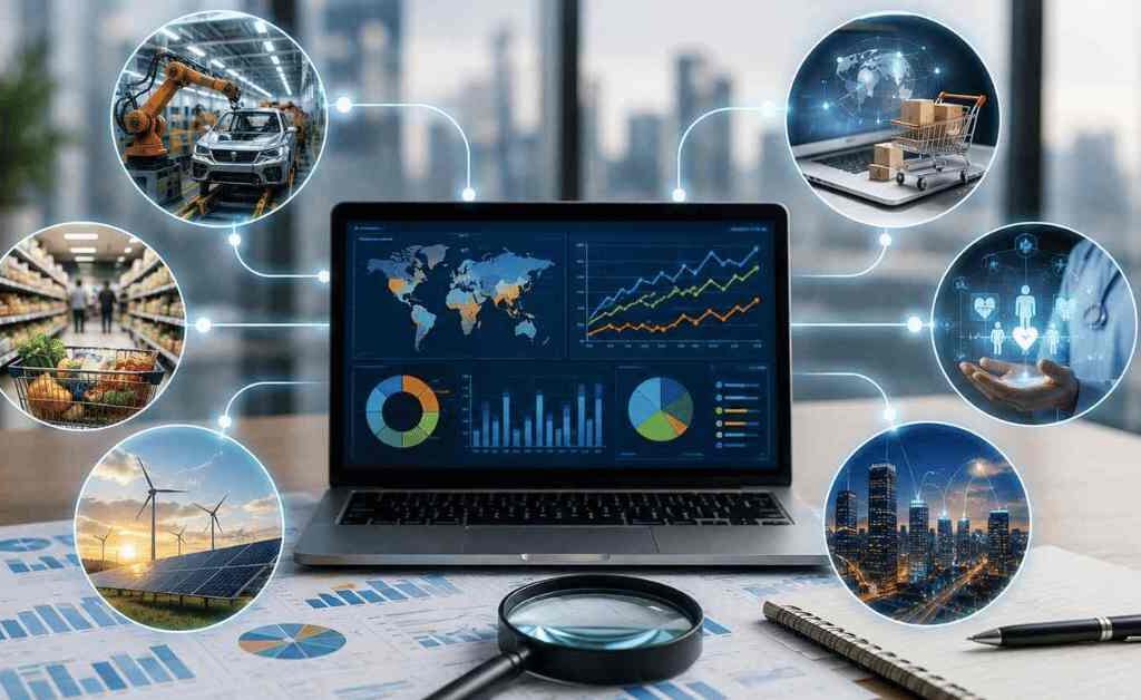"Real-world market trends analysis examples showing business dashboards, industry data, and market insights across retail, healthcare, manufacturing, renewable energy, and e-commerce sectors."