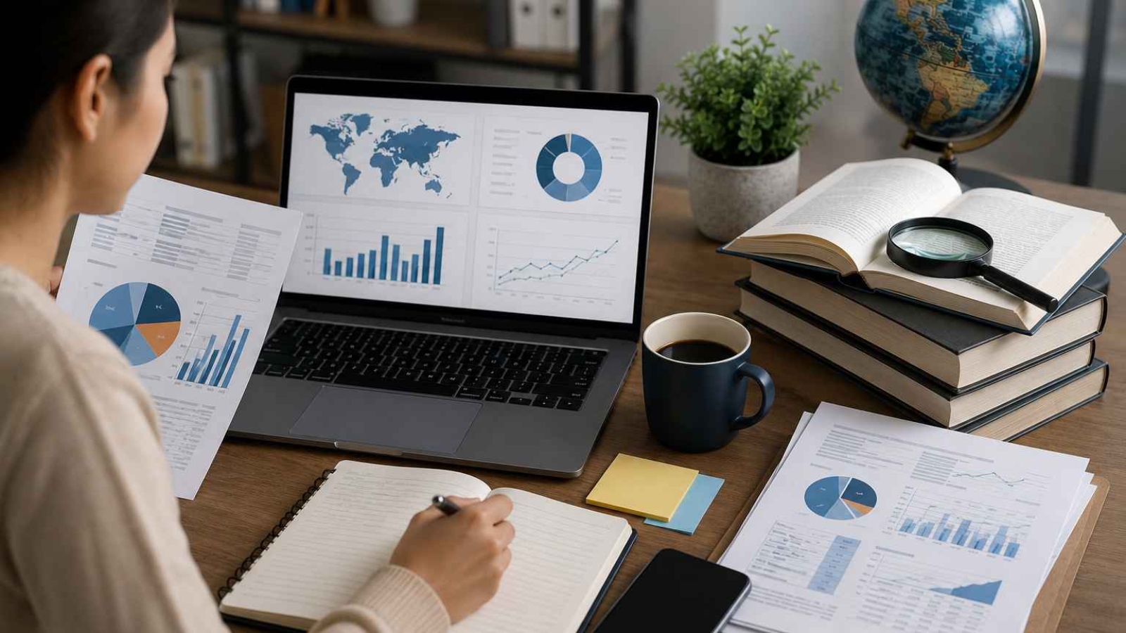 Researcher analyzing reports, industry publications, market data, and online databases on a laptop to conduct secondary market research and identify business insights.