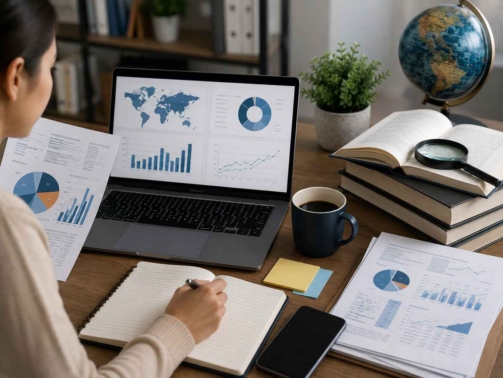Researcher analyzing reports, industry publications, market data, and online databases on a laptop to conduct secondary market research and identify business insights.