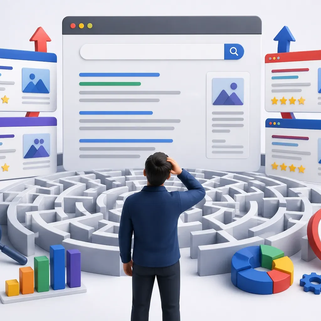 Visual representation of SEO competition complexity with search results, ranking analytics, and digital marketing challenges.