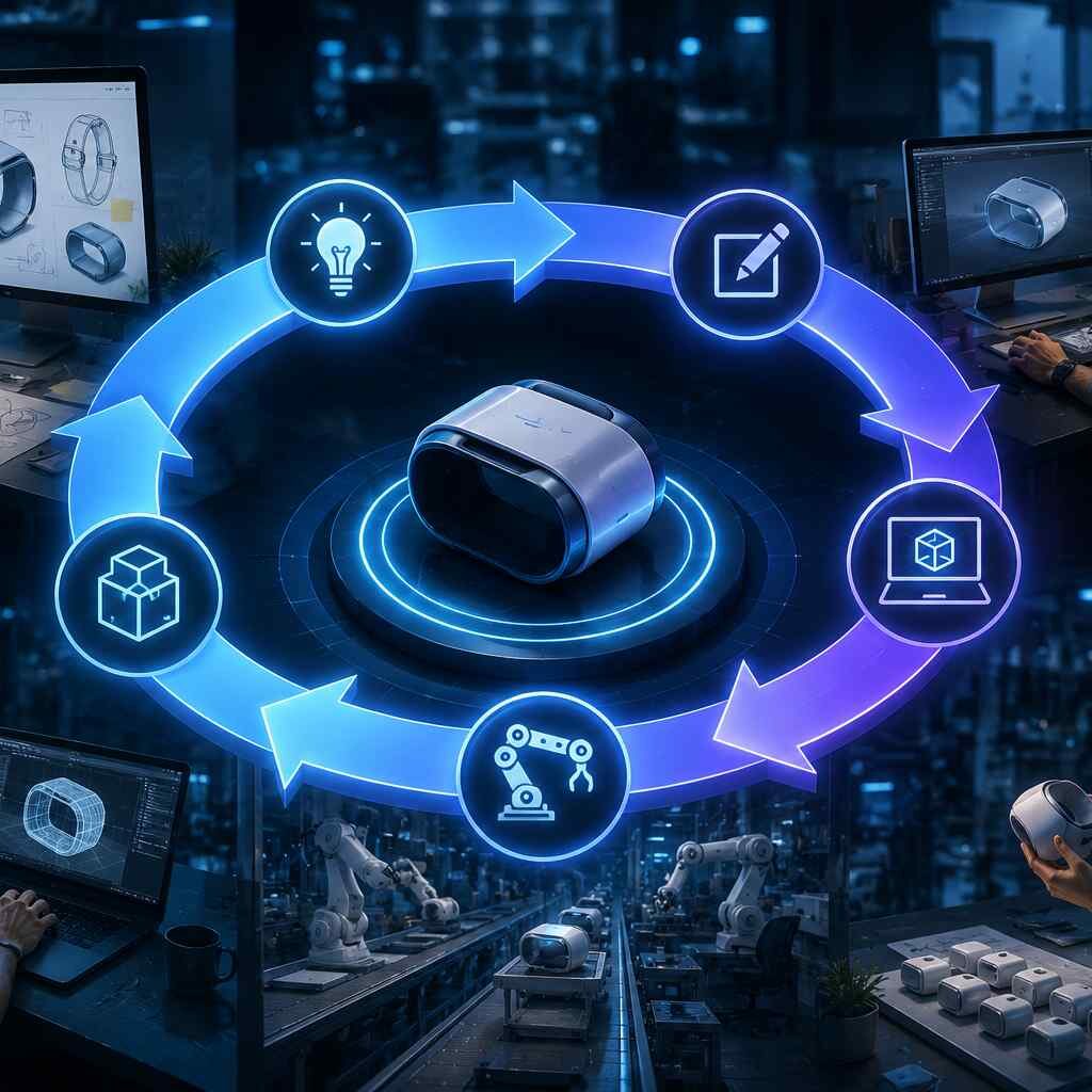 "Shortened product innovation cycles illustrated through rapid product design, prototyping, development, testing, and market launch."