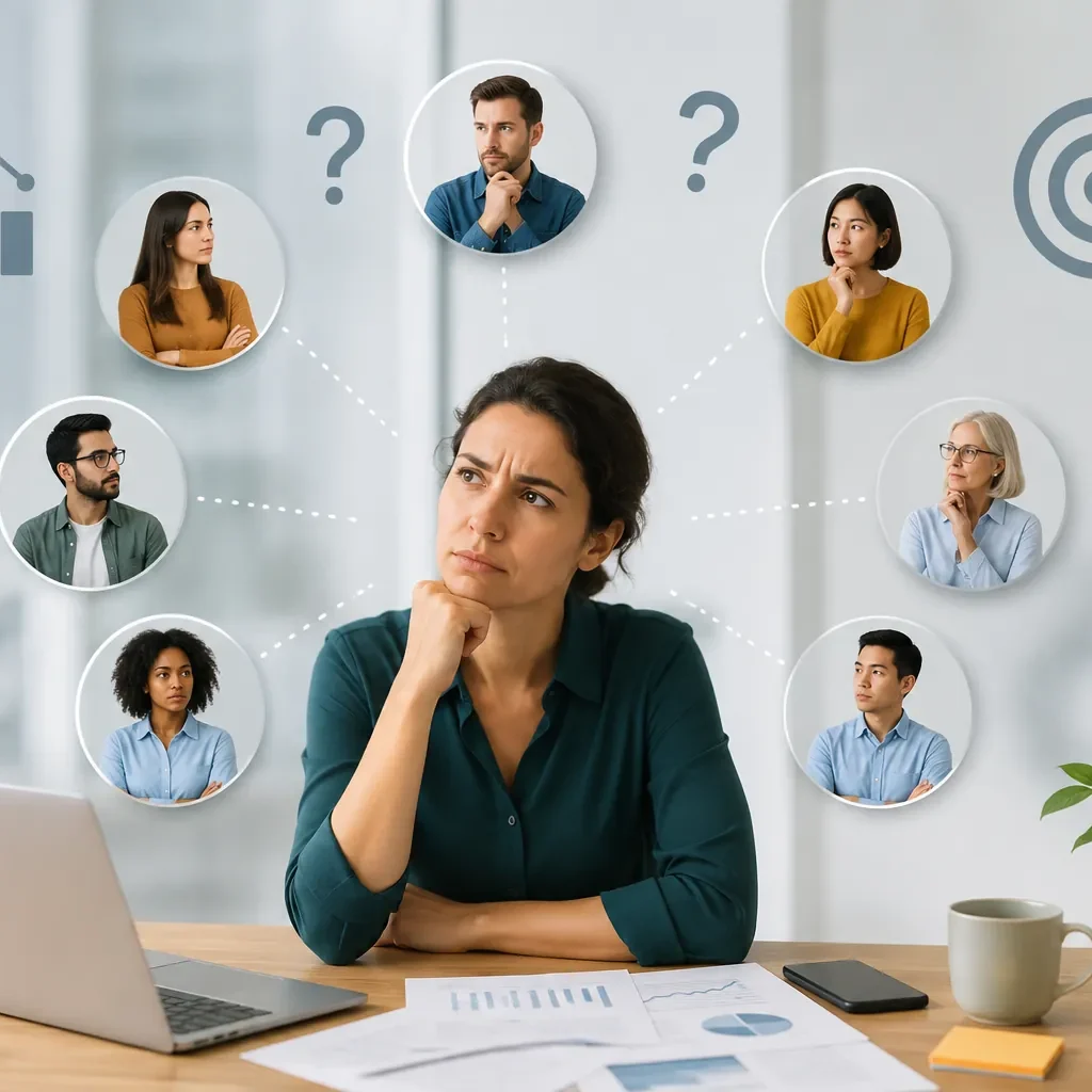 "Business professional analyzing customer profiles and audience data to identify signs that a company needs buyer persona research for better marketing decisions."