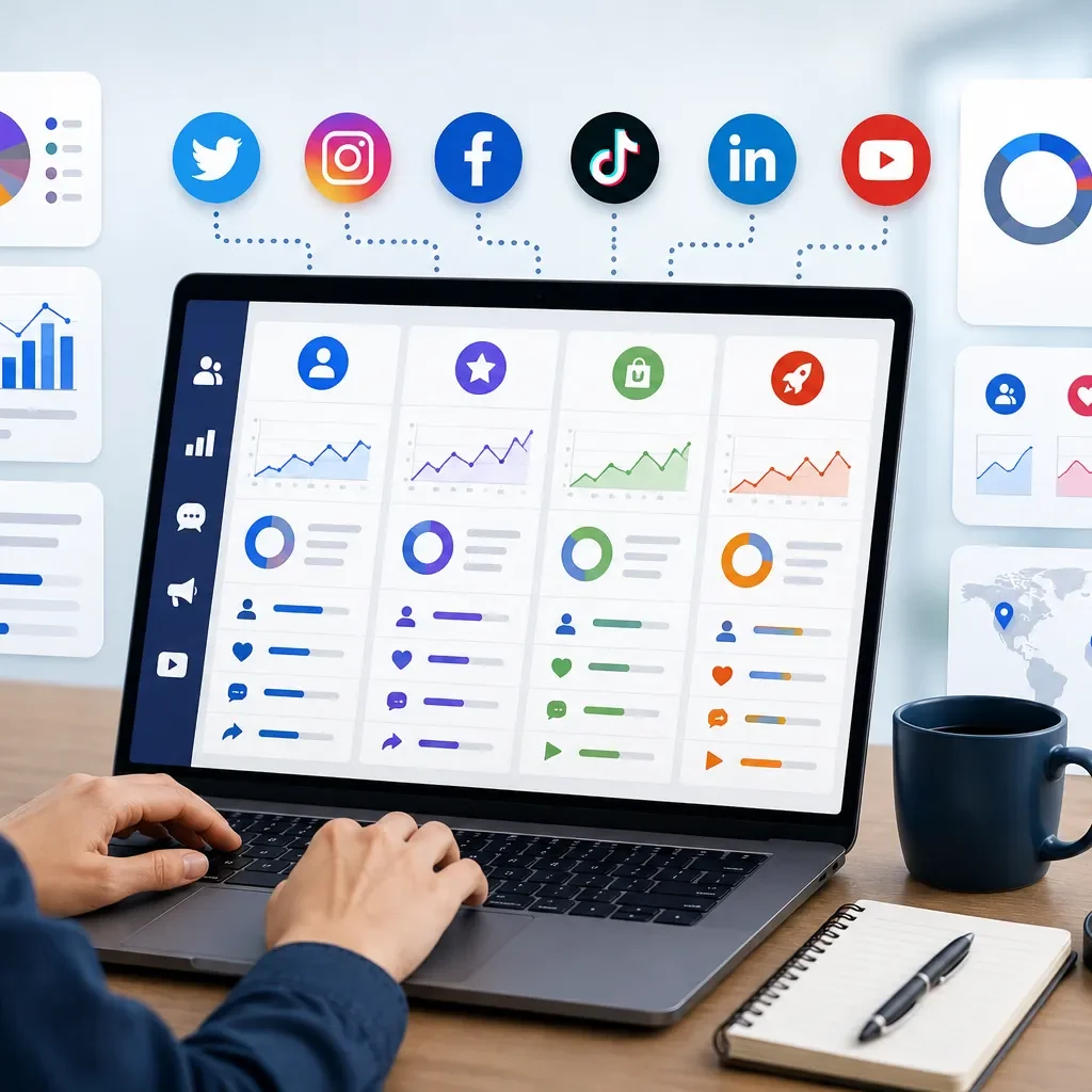 Social media competitor research illustration showing competitor analysis across multiple social media platforms with engagement metrics and performance dashboards.