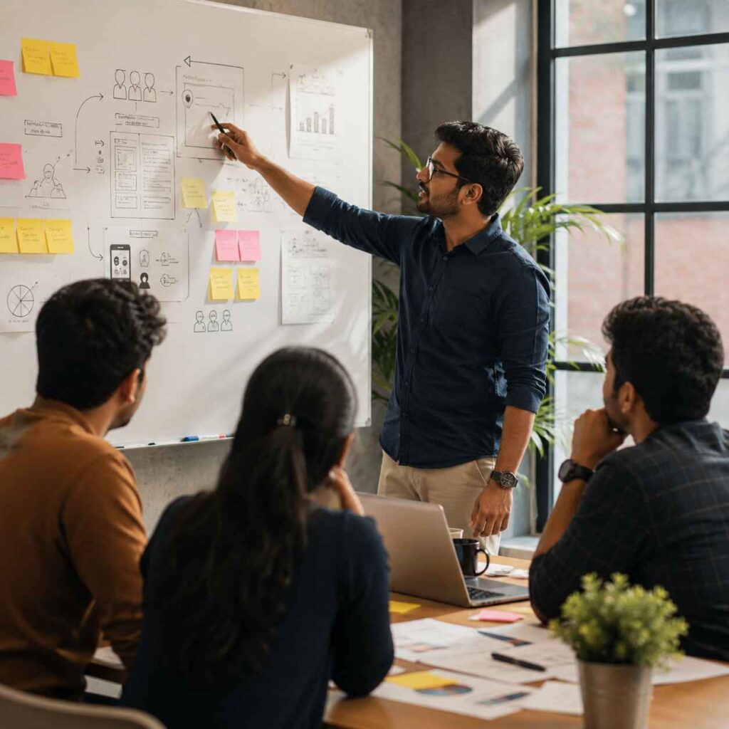 A startup team collaborates in a modern office while a product marketer presents strategy and customer insights on a whiteboard during an early-stage product planning meeting.