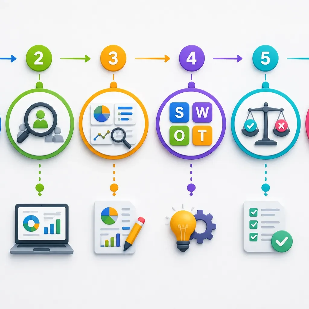 Step-by-step competitor research process illustration showing a structured workflow for competitor analysis, market research, SWOT analysis, and business strategy.