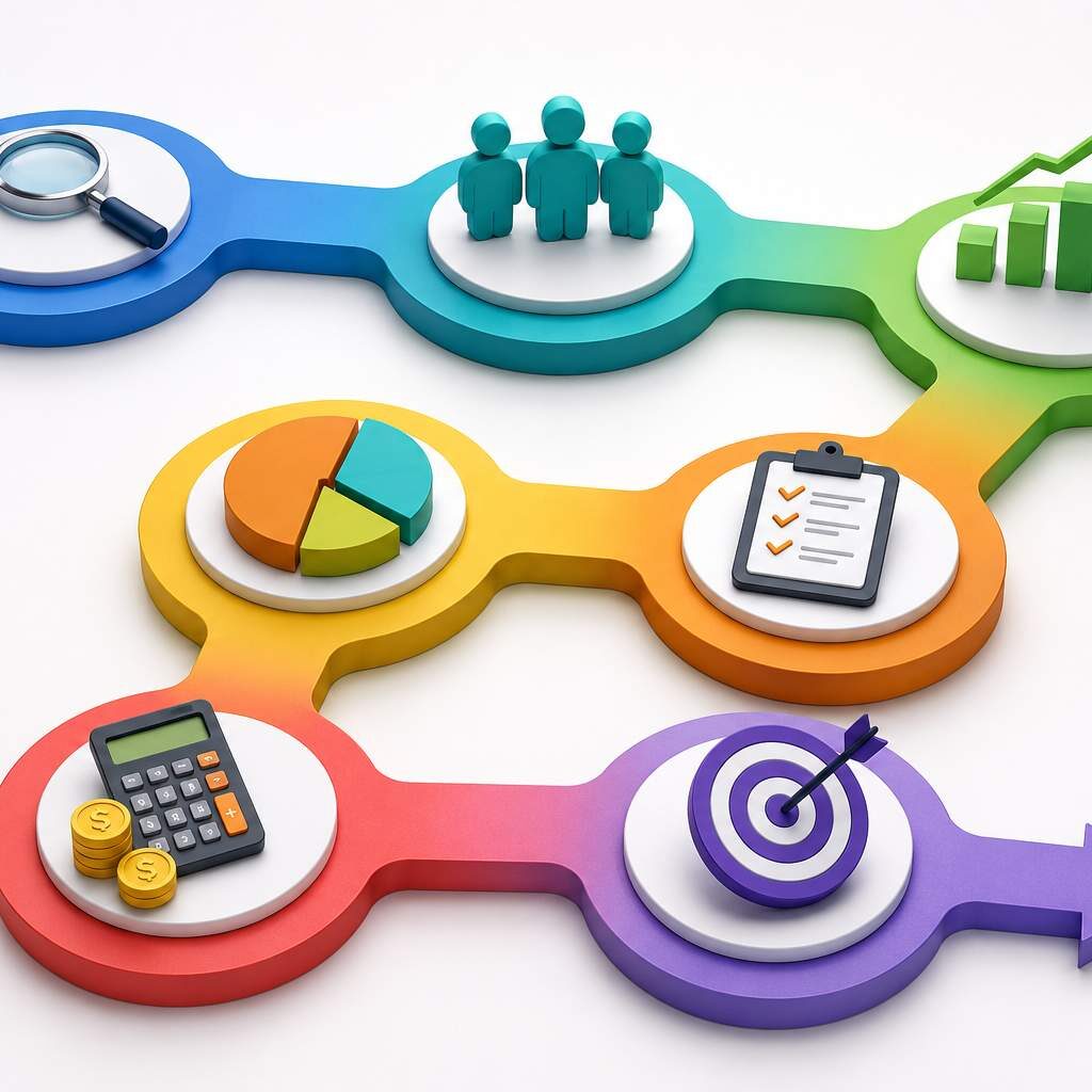 "Step-by-step Market Sizing Analysis framework illustration showing market research, customer segmentation, data analysis, revenue estimation, validation, and business growth planning."
