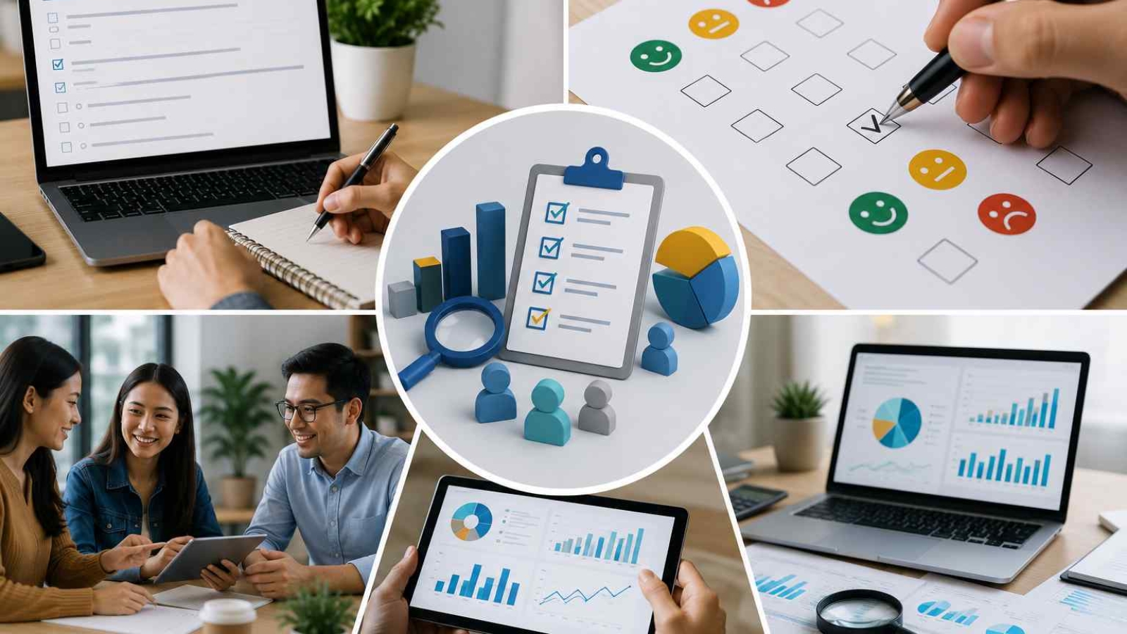 "Survey research process illustrating survey design, questionnaire creation, data collection, respondent feedback, statistical analysis, and actionable research insights."