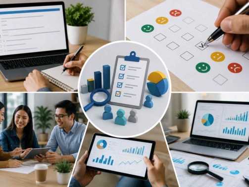 "Survey research process illustrating survey design, questionnaire creation, data collection, respondent feedback, statistical analysis, and actionable research insights."