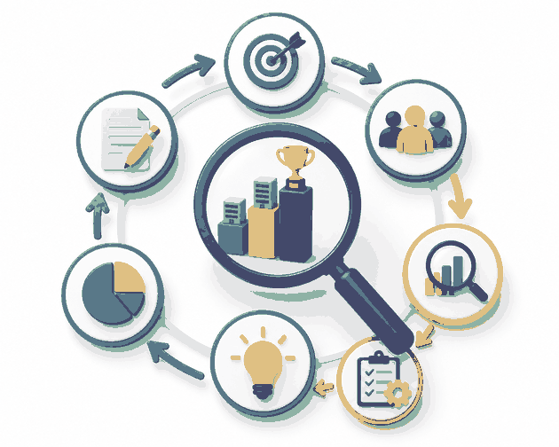 3D illustration of a complete competitor research framework showing market analysis, competitor benchmarking, customer insights, performance metrics, and strategic planning process."