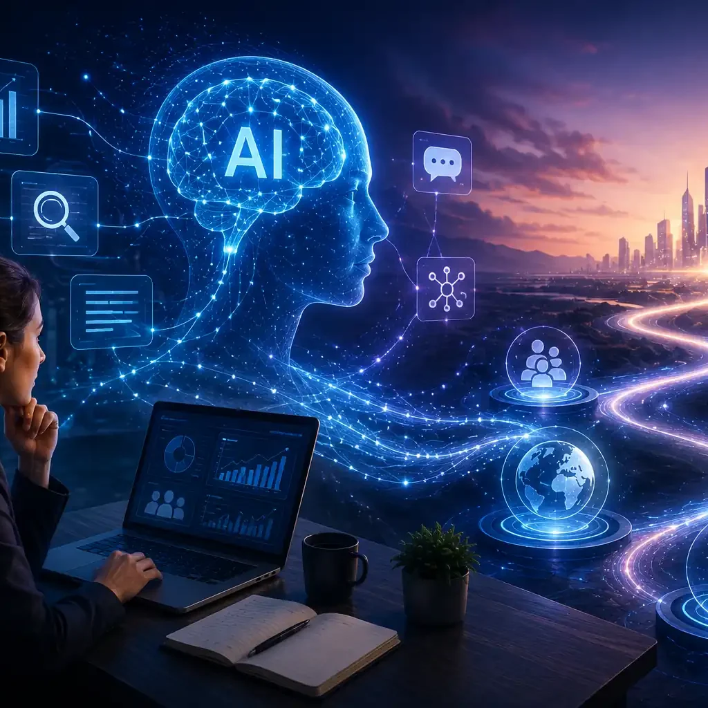 "Futuristic AI-powered research concept showing advanced analytics, answer engine optimization, and intelligent technologies shaping the future of customer and market research."