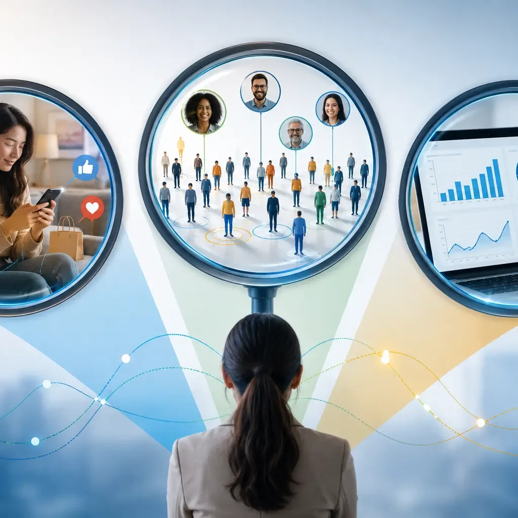 "Modern customer research concept showing three perspectives of consumer behavior, audience segmentation, and data analytics used to gain deeper customer insights."