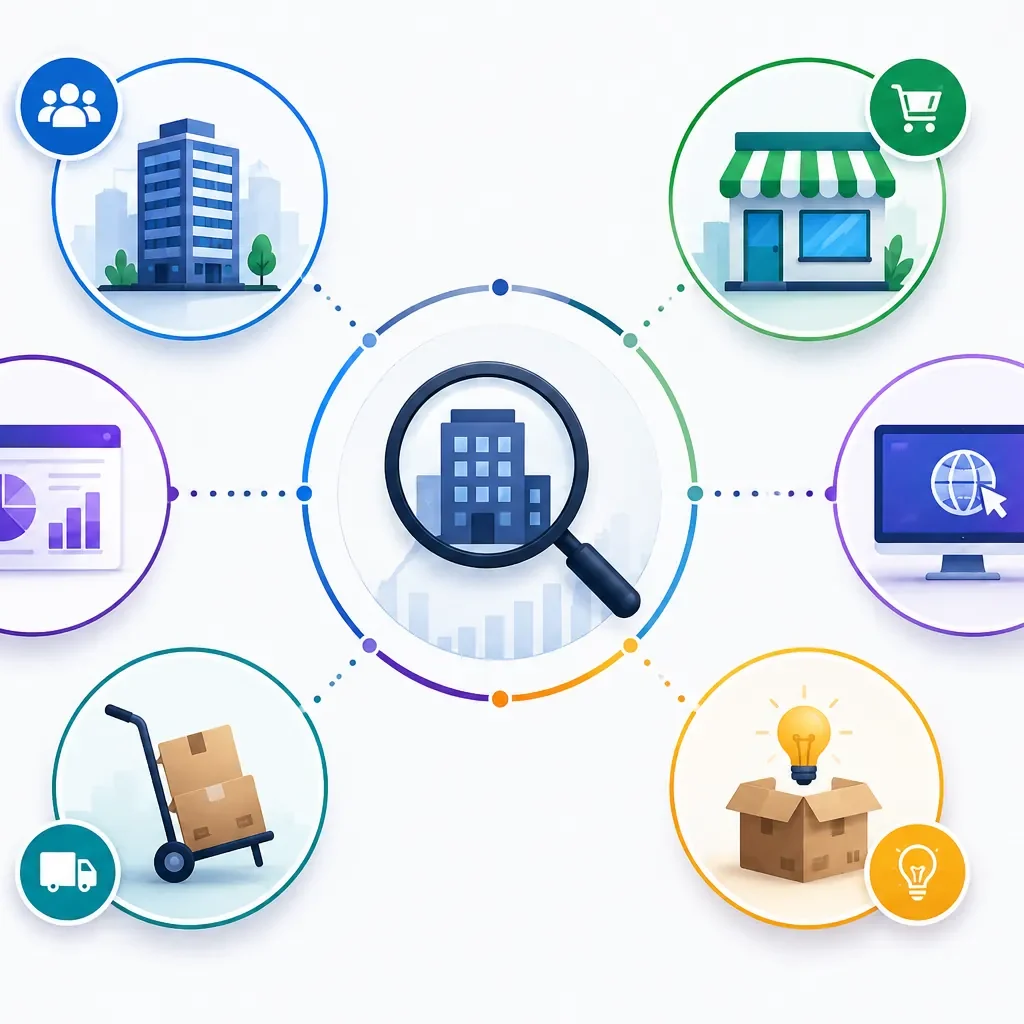 Illustration of types of competitors you should research featuring direct, indirect, replacement, and emerging competitor categories.