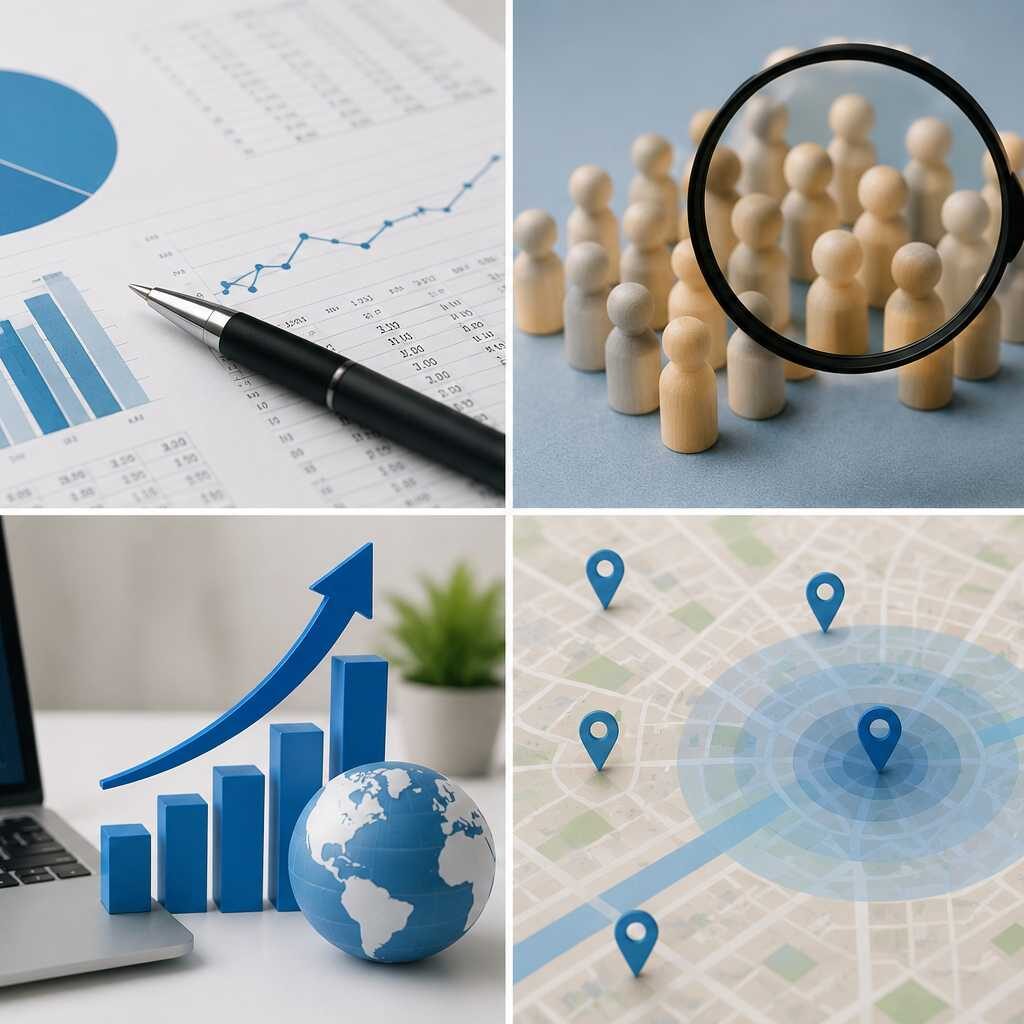 "Visual representation of different types of Market Sizing Analysis using customer segmentation, growth forecasting, geographic mapping, and market data analytics."