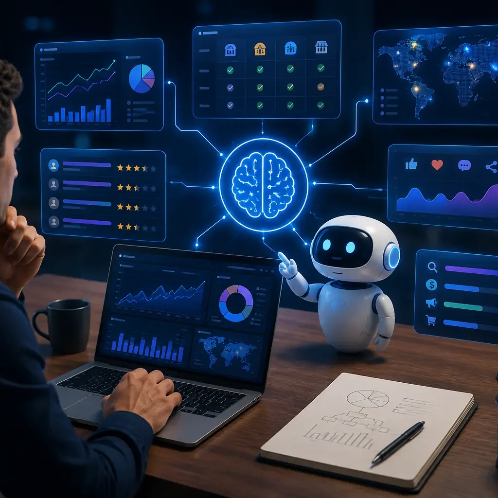 Using AI for competitor research illustration showing AI-powered market analysis, competitor monitoring, performance dashboards, and business intelligence.